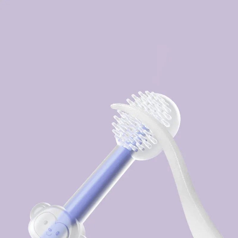 Purple soft silicone toothbrush for cleaning cat and dog teeth on a white background.