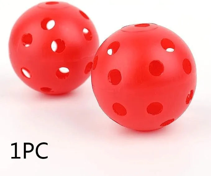 Six-colour golf practice balls in net pocket, each measuring 42mm diameter