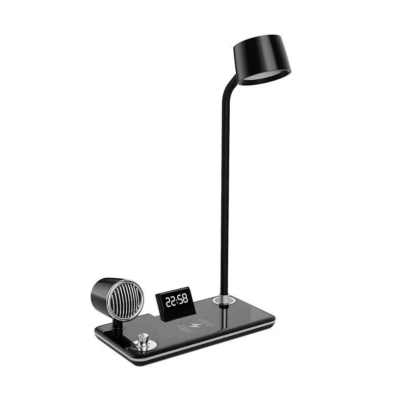 White and black intelligent table lamp with digital clock display and wireless charging pad on base.
