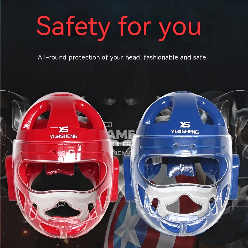 A white, blue, and red karate helmet for boxing head protection, shown in sizes S, M, L, and XL.