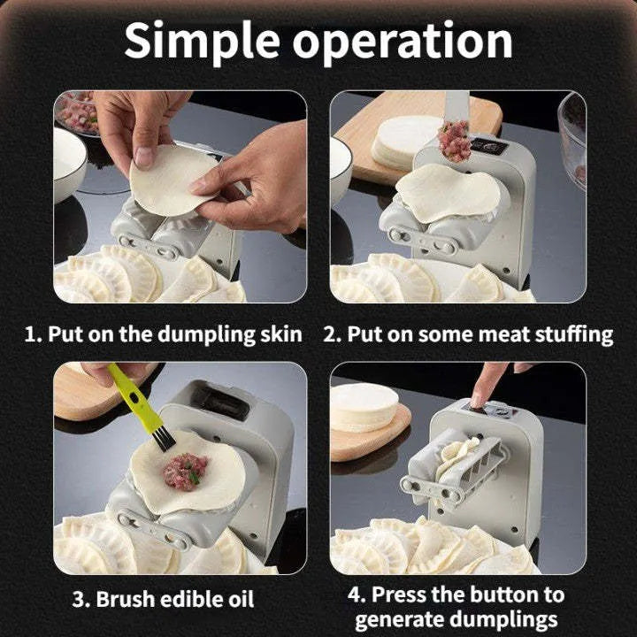 White electric dumpling maker machine with USB charging cable, brush, and spoon.