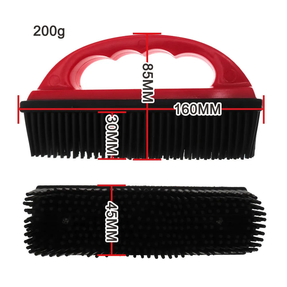 Red pet hair removal brush with silicone bristles measuring 160x85mm and ergonomic plastic handle
