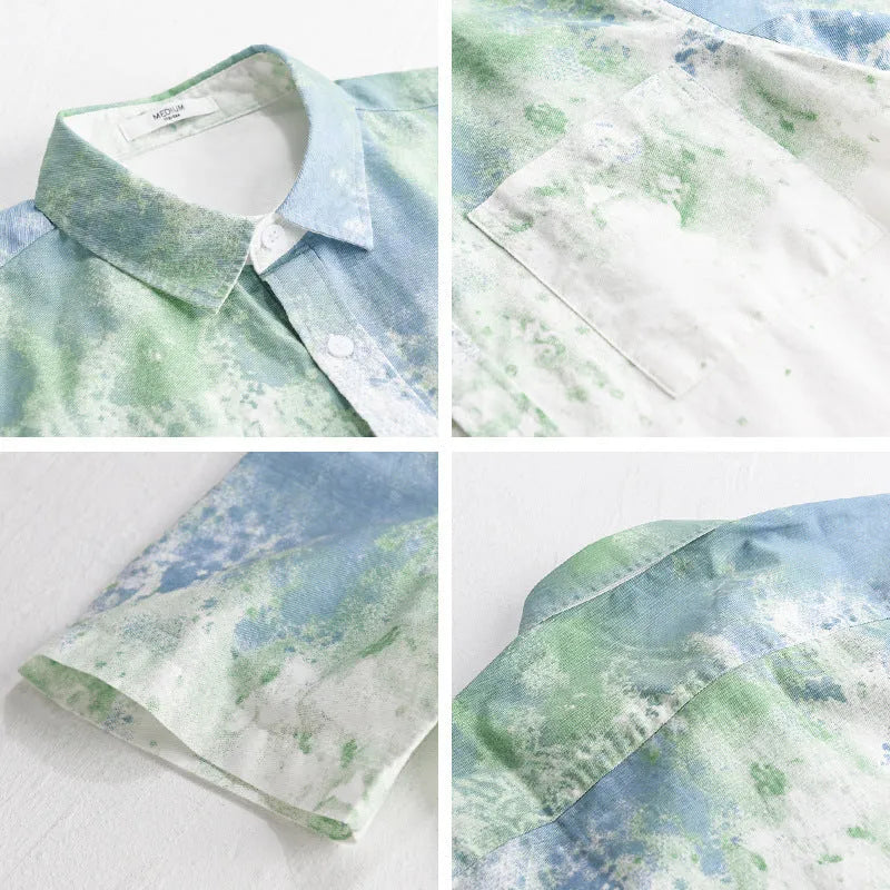 Man wearing a green hanging dyed pure cotton short-sleeved shirt with a loose cardigan fit.