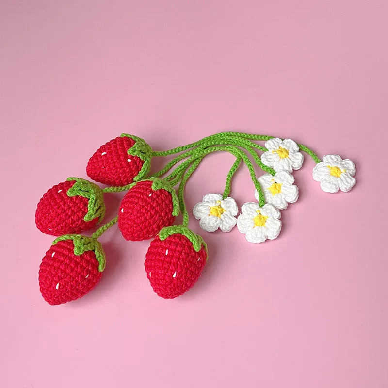 Handcrafted wool crochet strawberry pendant on a 35cm cord in pink or red colour