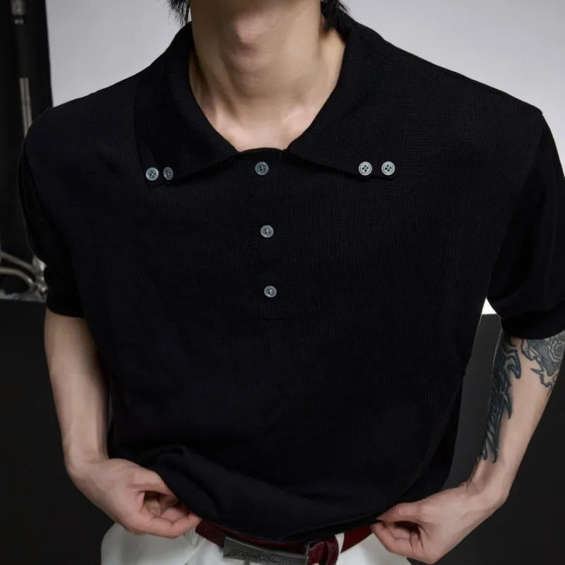 Men's black short-sleeved shirt with double collar design and slim knit fabric, laid flat.