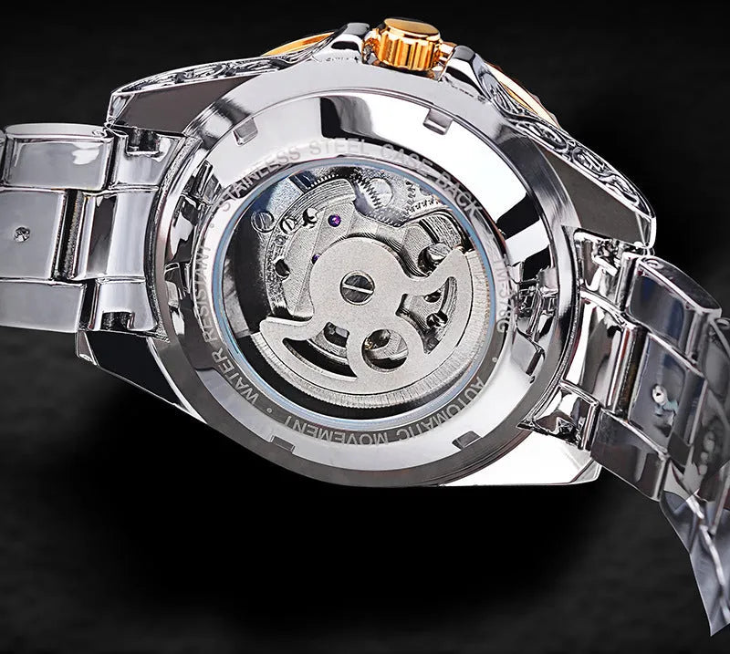 Forsining skeleton tourbillon automatic mechanical watch with stainless steel case and yellow finish