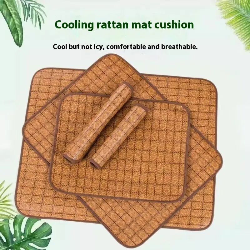 Brown rattan fibre summer cooling mat for dogs showing woven texture and size options