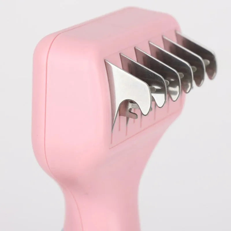 Stainless steel dog comb with knot knife measuring 170mm, available in pink or purple colours for pet grooming