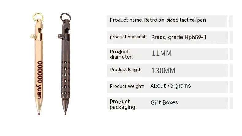 Brass hexagonal bolt roller pen with 0.5mm tip, 13cm length, and retro black refill option.