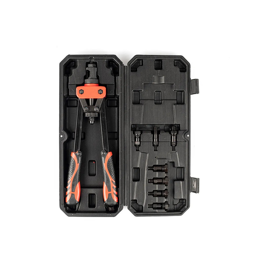 CQ14 model 14-inch manual rivet nut pull-setter tool with six interchangeable M3 to M10 tips on a workshop bench.