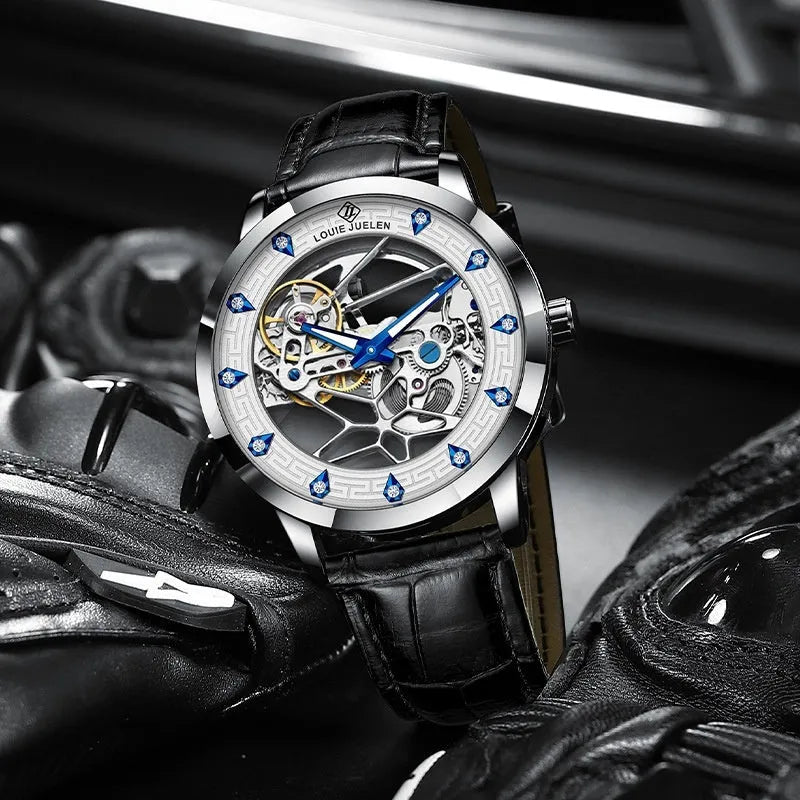 Men's silver mechanical watch with luminous hands on genuine leather strap showing 14.3mm case thickness