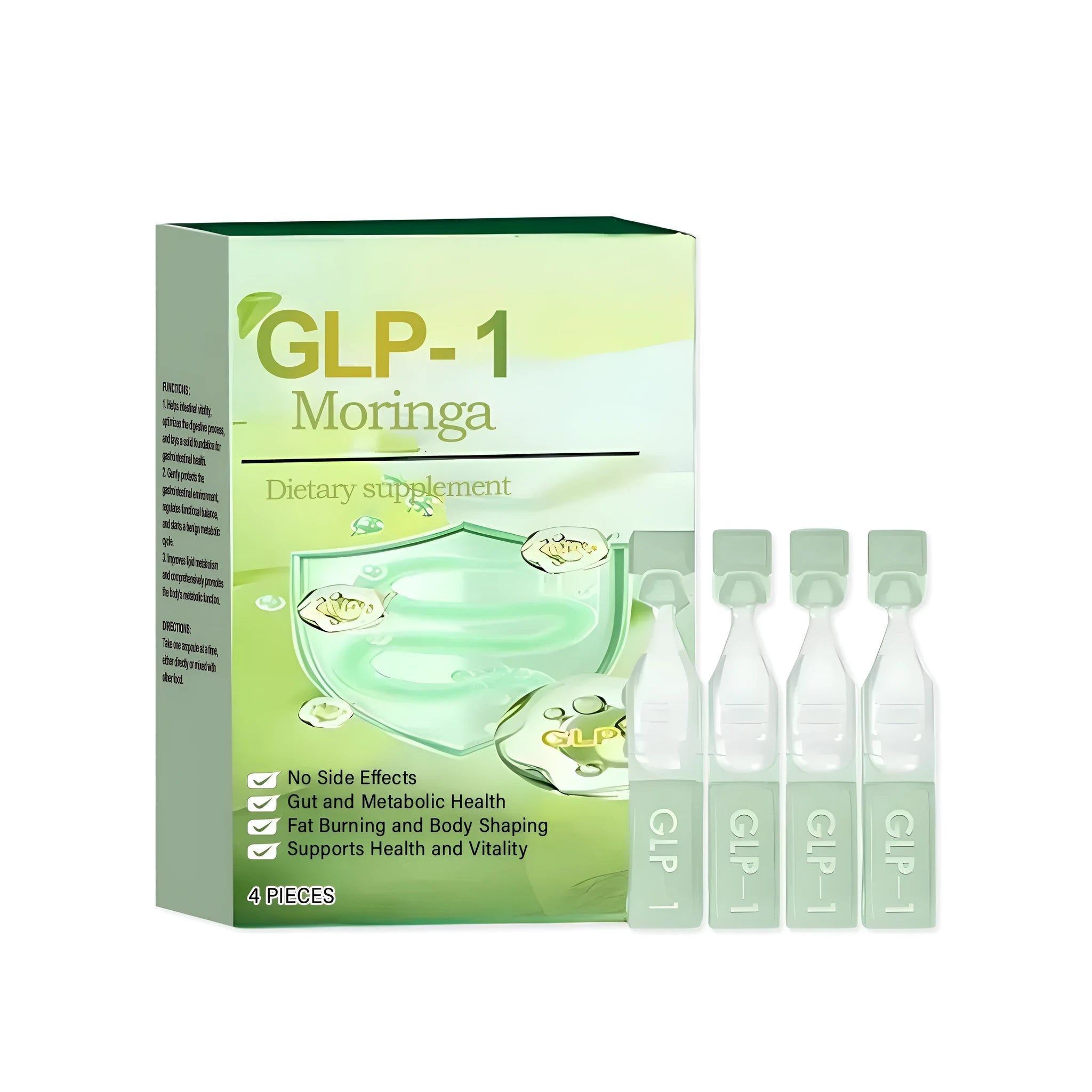 Gastrointestinal decompression care drops in packaging with four pieces containing gluconic acid lactone and vitamin B1