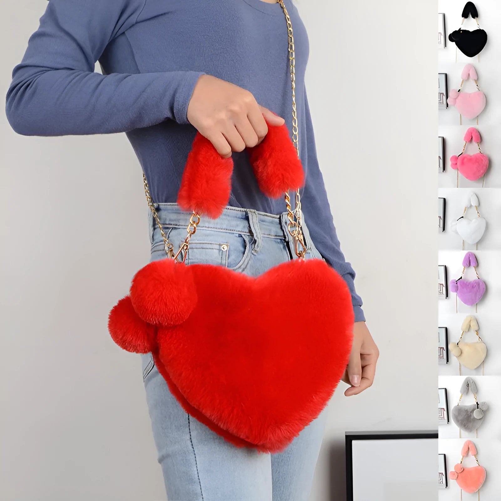 Women's plush heart-shaped handbag with single adjustable strap in various solid colours