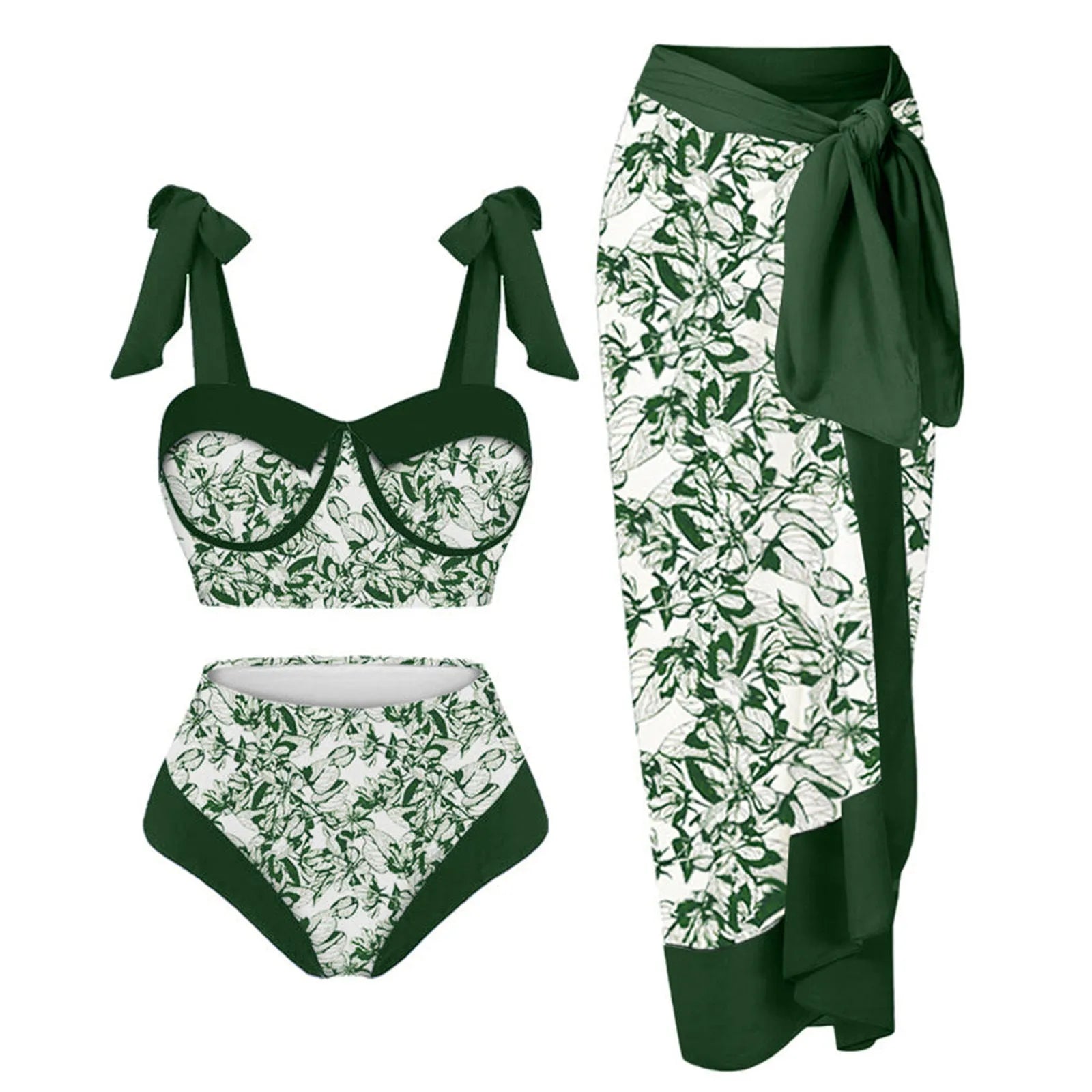 Women's printing split swimsuit three-piece set showing floral pattern on high elasticity polyester fabric