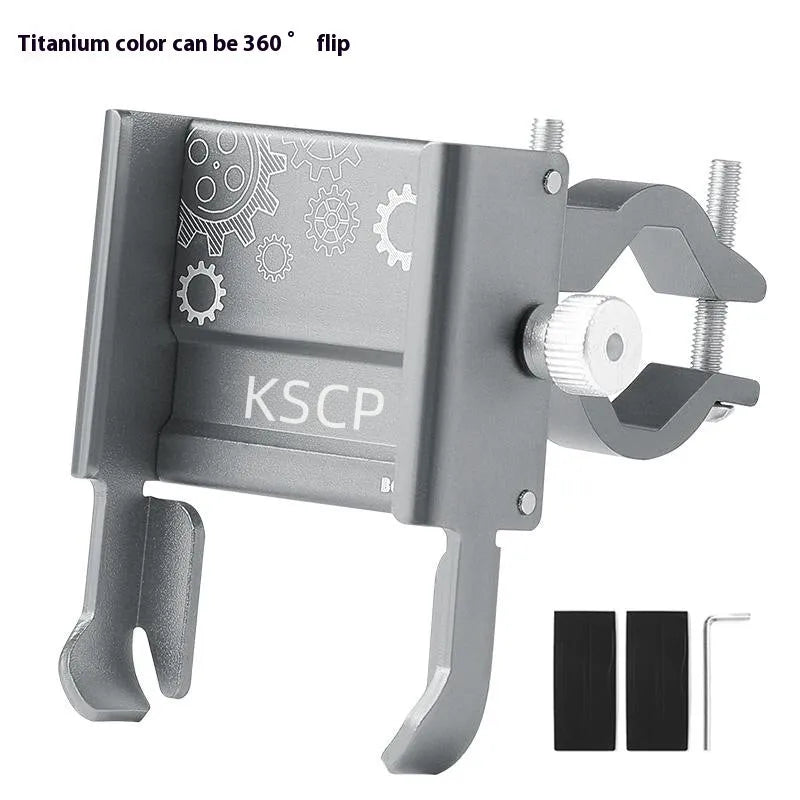 Aluminium alloy mobile phone holder mounted on a bicycle handlebar, shown in black.