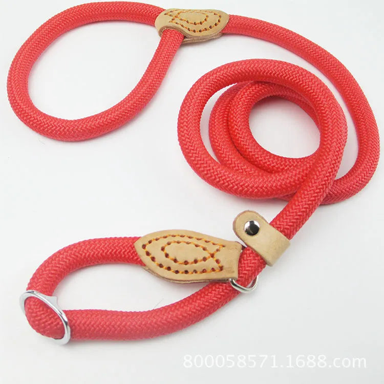 Brown nylon P chain dog leash with hand-holding rope, showing 2.1m length and adjustable chain mechanism