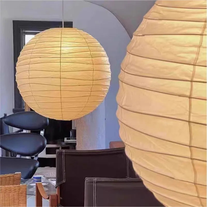 Japanese-style spherical rice paper chandelier with 30cm, 45cm, and 55cm diameter options for ambient lighting