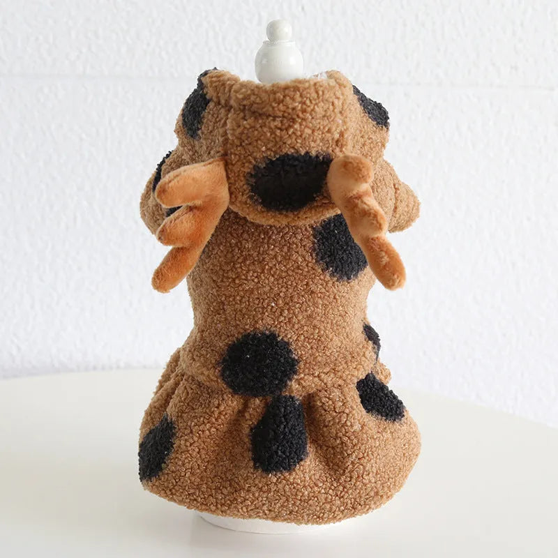 Petstyle big polka dot elk couple clothes for cats and dogs showing skirt and four-leg style options