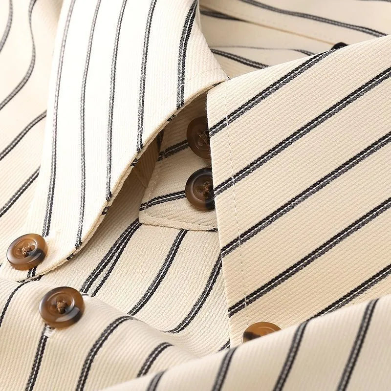 Coffee coloured striped men's long-sleeved shirt with a slim fit and wool lining on a hanger.
