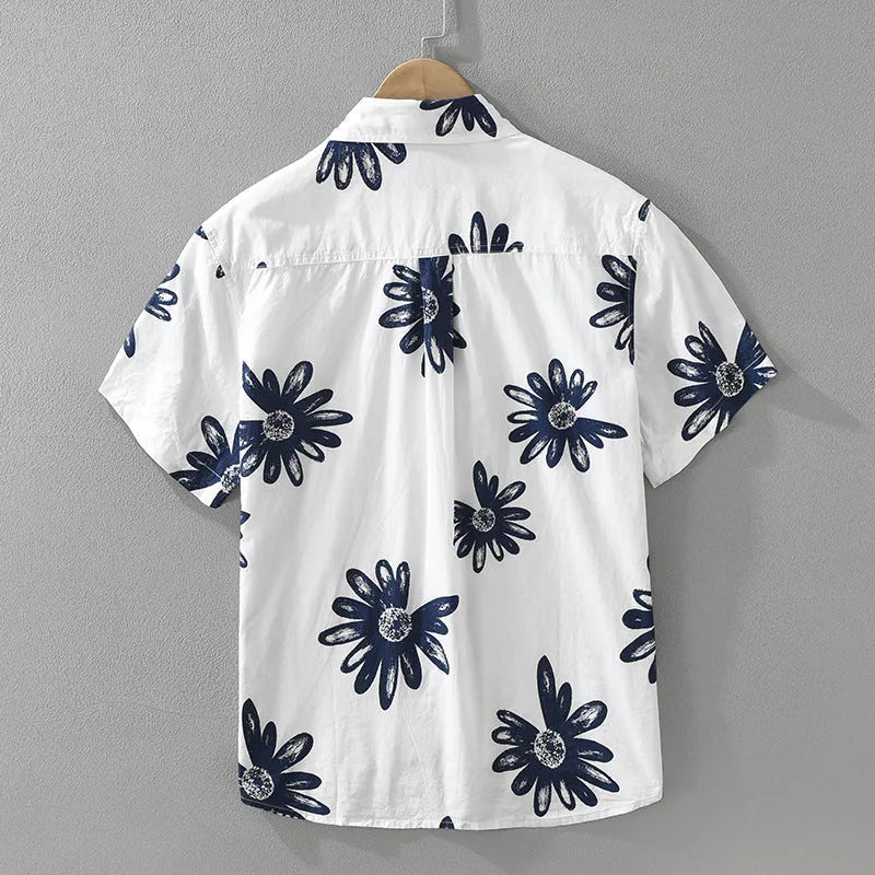 Printed short sleeve shirt in cotton blend fabric showing loose fit and cardigan style design