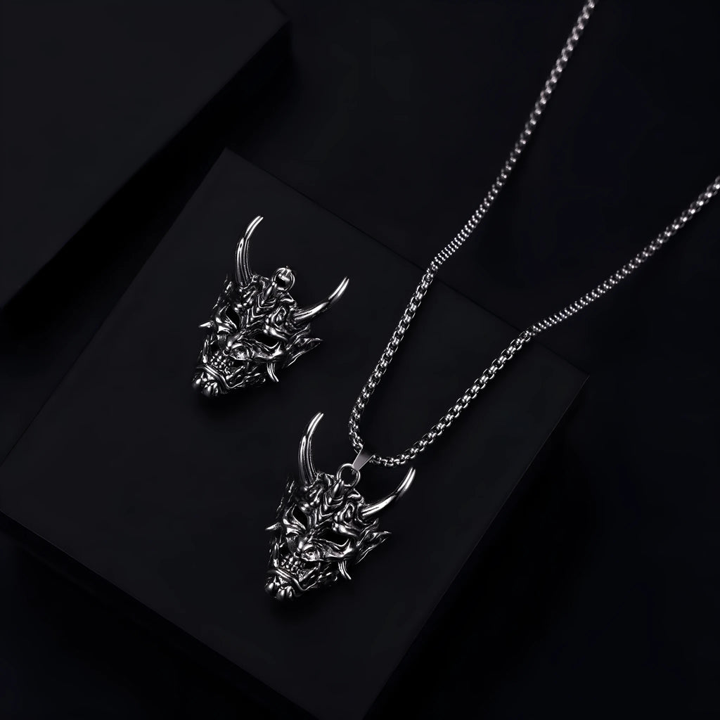 Silver-toned vintage men's necklace with a large rectangular alloy pendant