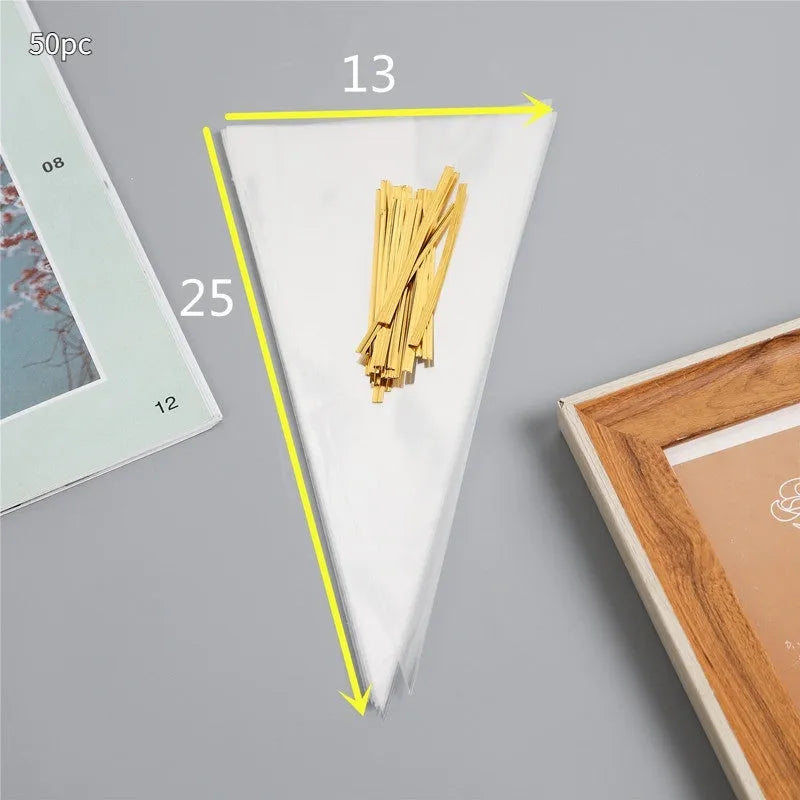 Triangle plastic packaging bag with tie wire closure in clear OPP material