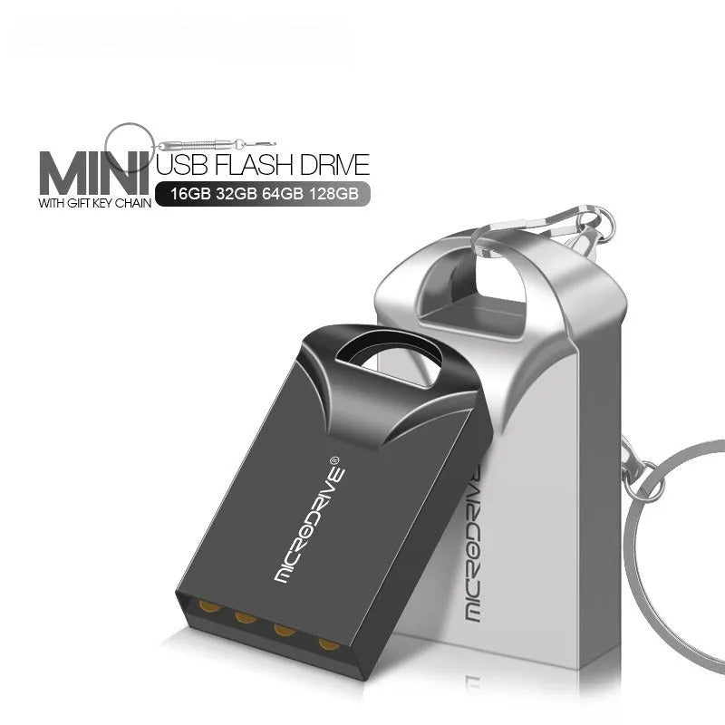 Black and silver mini metal USB drive with compact 23x12x8mm dimensions and high-speed storage up to 128GB