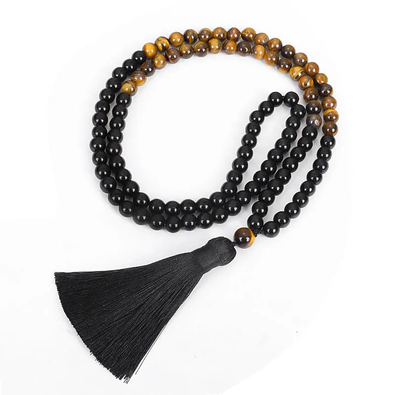 Tiger eye stone tassel chain necklace with ball beads and drop pendant