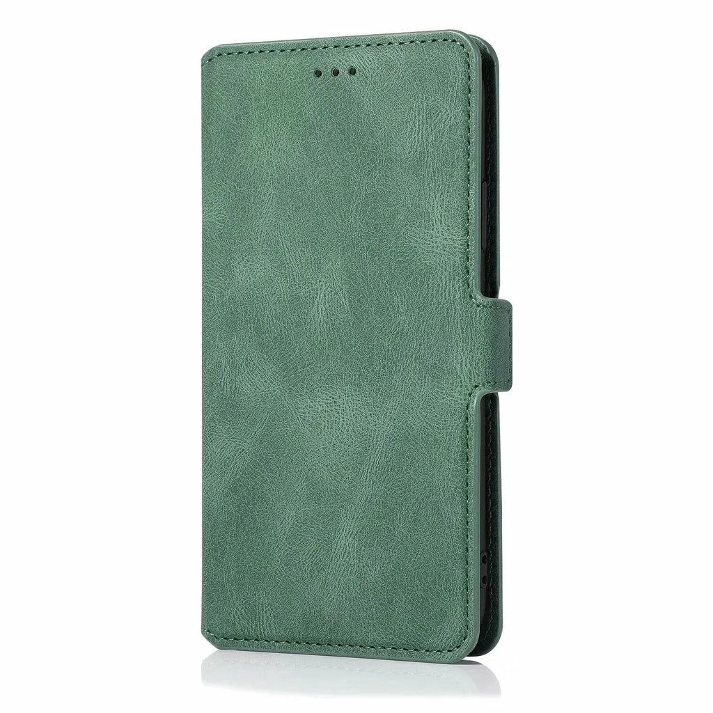 Samsung flip phone case with card slot, photo frame, bracket, and magnetic suction in black PU TPU