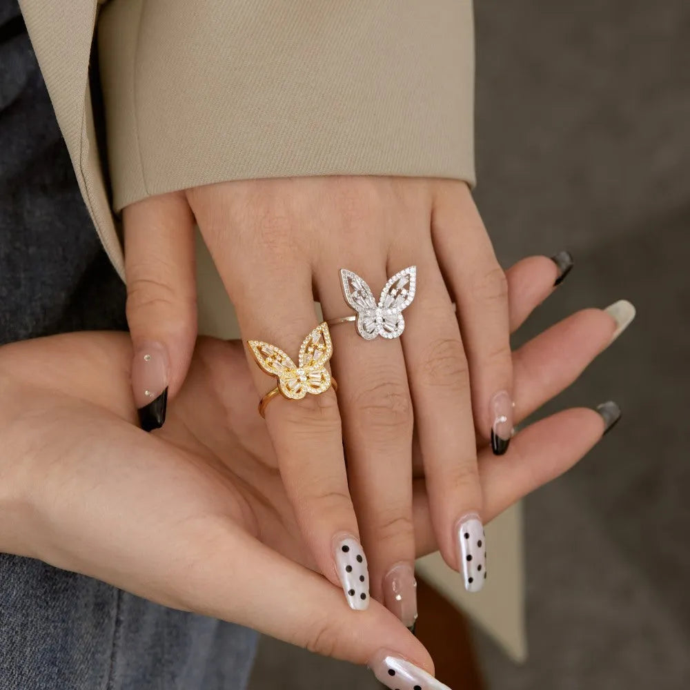 S925 sterling silver butterfly ring with white diamond inlaid zircon and adjustable opening band for women