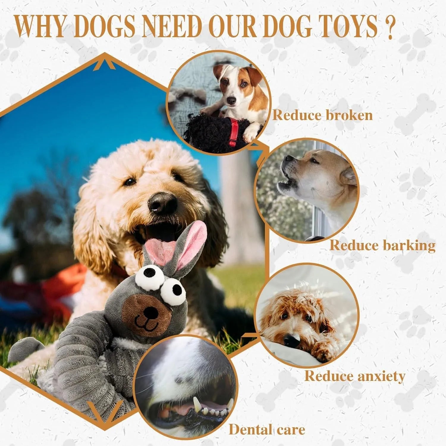 Plush squeaky dog toy with crinkle sounds for small medium large dogs in brown grey yellow colours