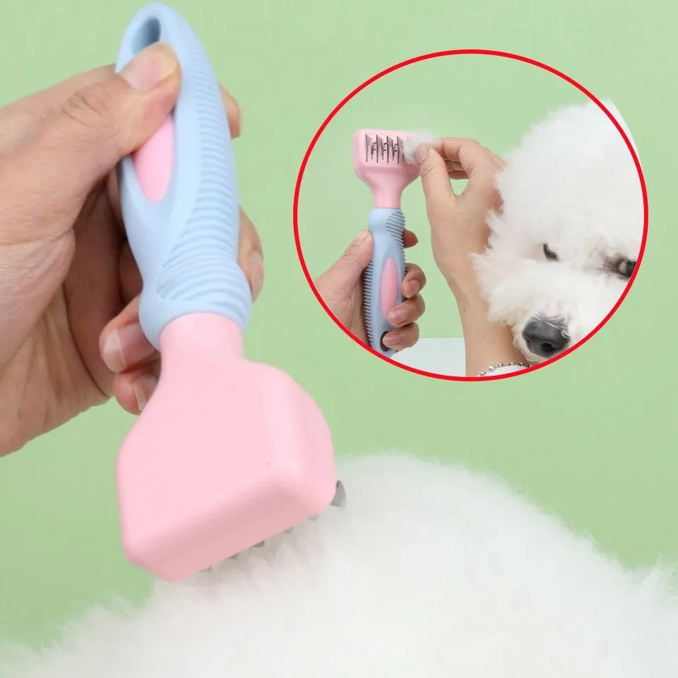 Stainless steel dog comb with knot knife measuring 170mm, available in pink or purple colours for pet grooming