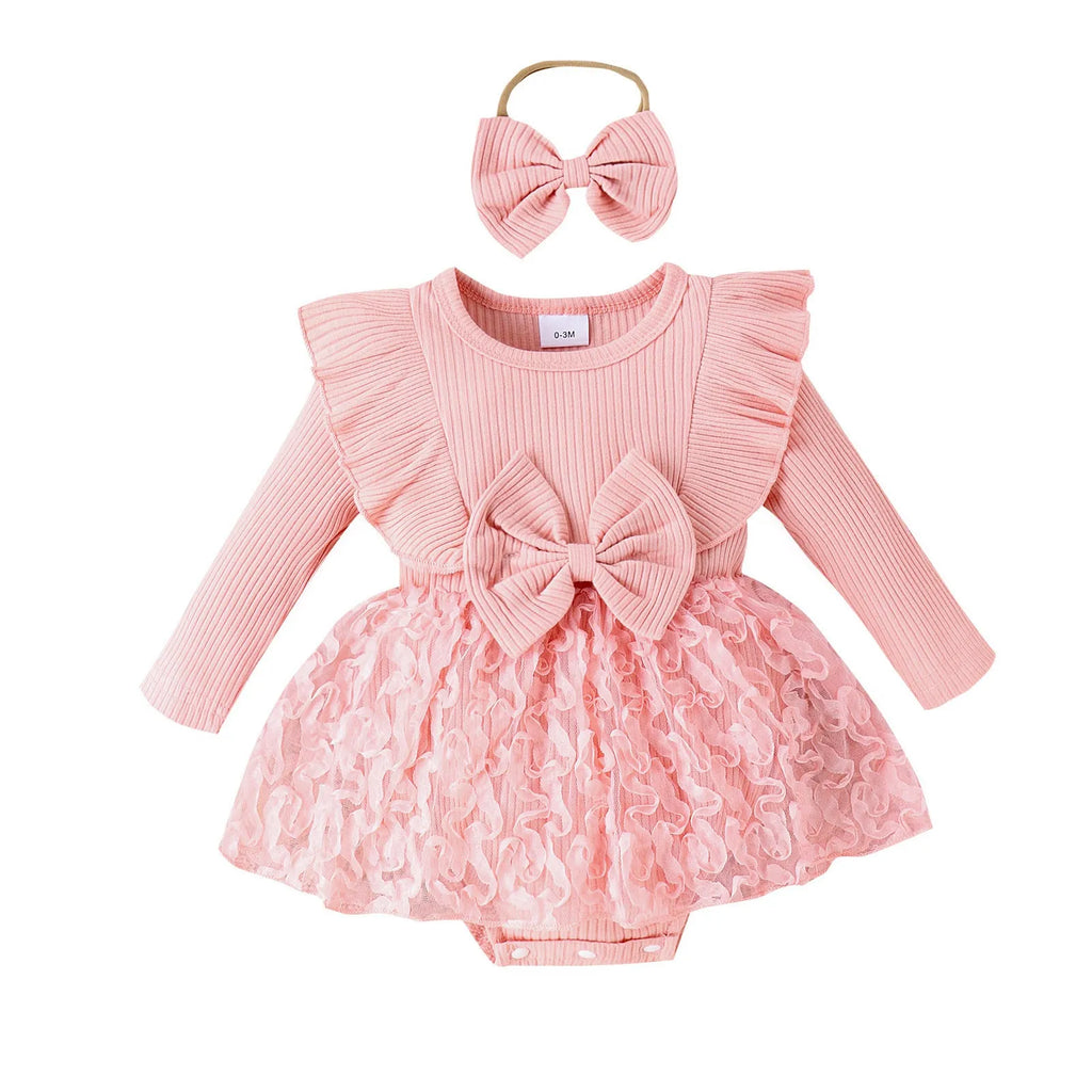 Girls pink cotton flower romper and matching headdress two-piece set for 0-3M to 12-18M