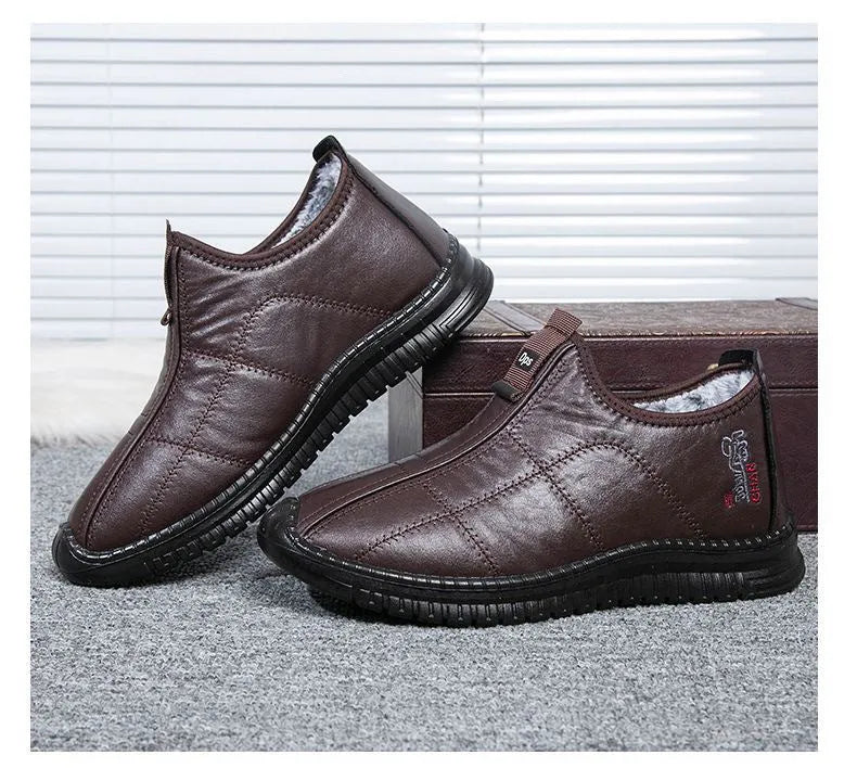 Brown men's winter cotton boots with buckle fastening and a thick non-slip platform sole
