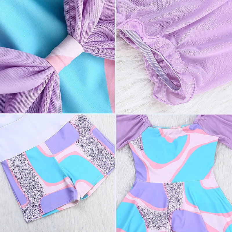 Light purple floral women's one-piece skirted swimsuit with high waist design