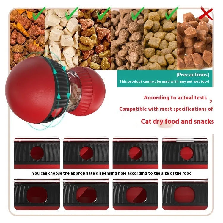 Rotating plastic cat toy with sound features and food dispensing opening, measuring 155mm length