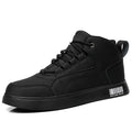 Men's white mid-top sports board shoes with low heel, round toe, and rubber sole on a casual background