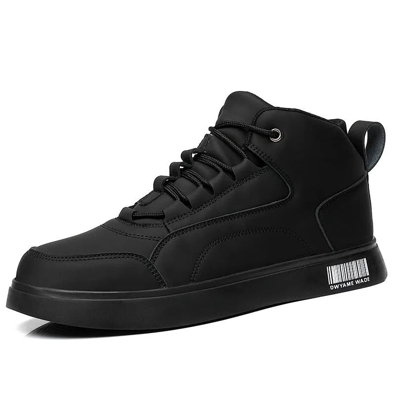 Men's white mid-top sports board shoes with low heel, round toe, and rubber sole on a casual background