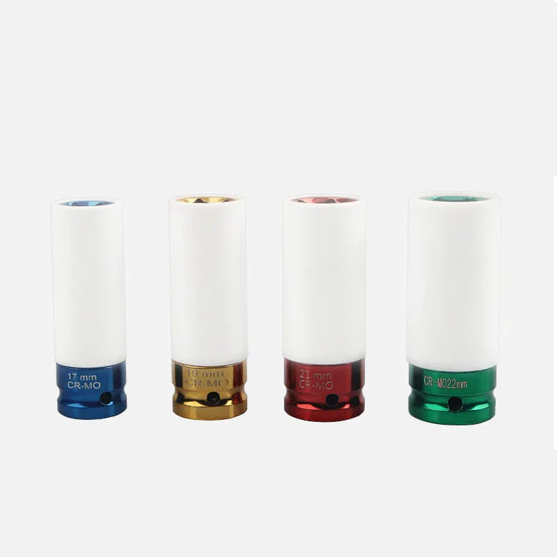 45# steel hexagon socket for pneumatic wrench in 17mm, 19mm, 21mm, and 22mm sizes.