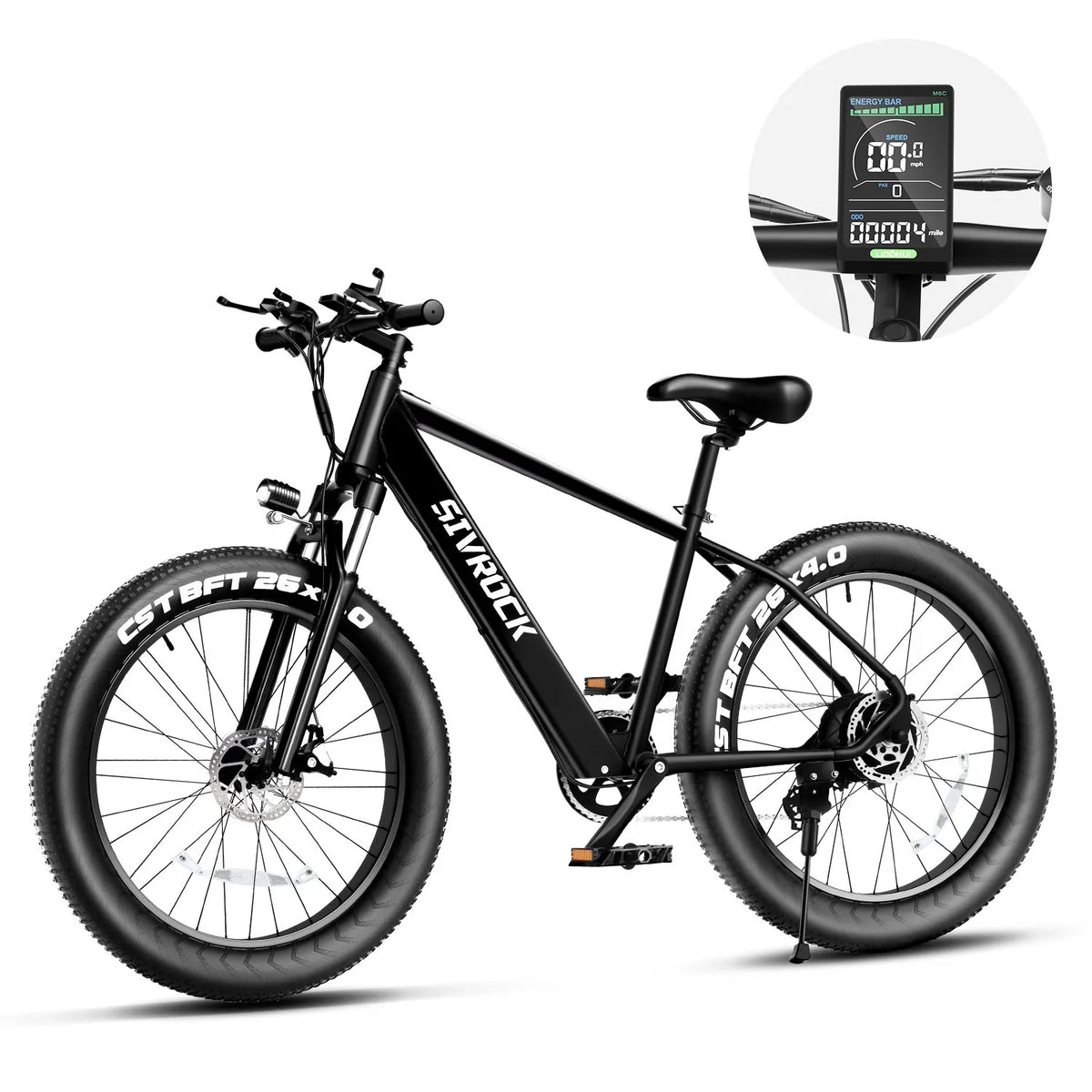 SIVROCK V1 black electric mountain bike with 26 x 4.0 inch fat tires, 1000W motor and 48V 15Ah battery