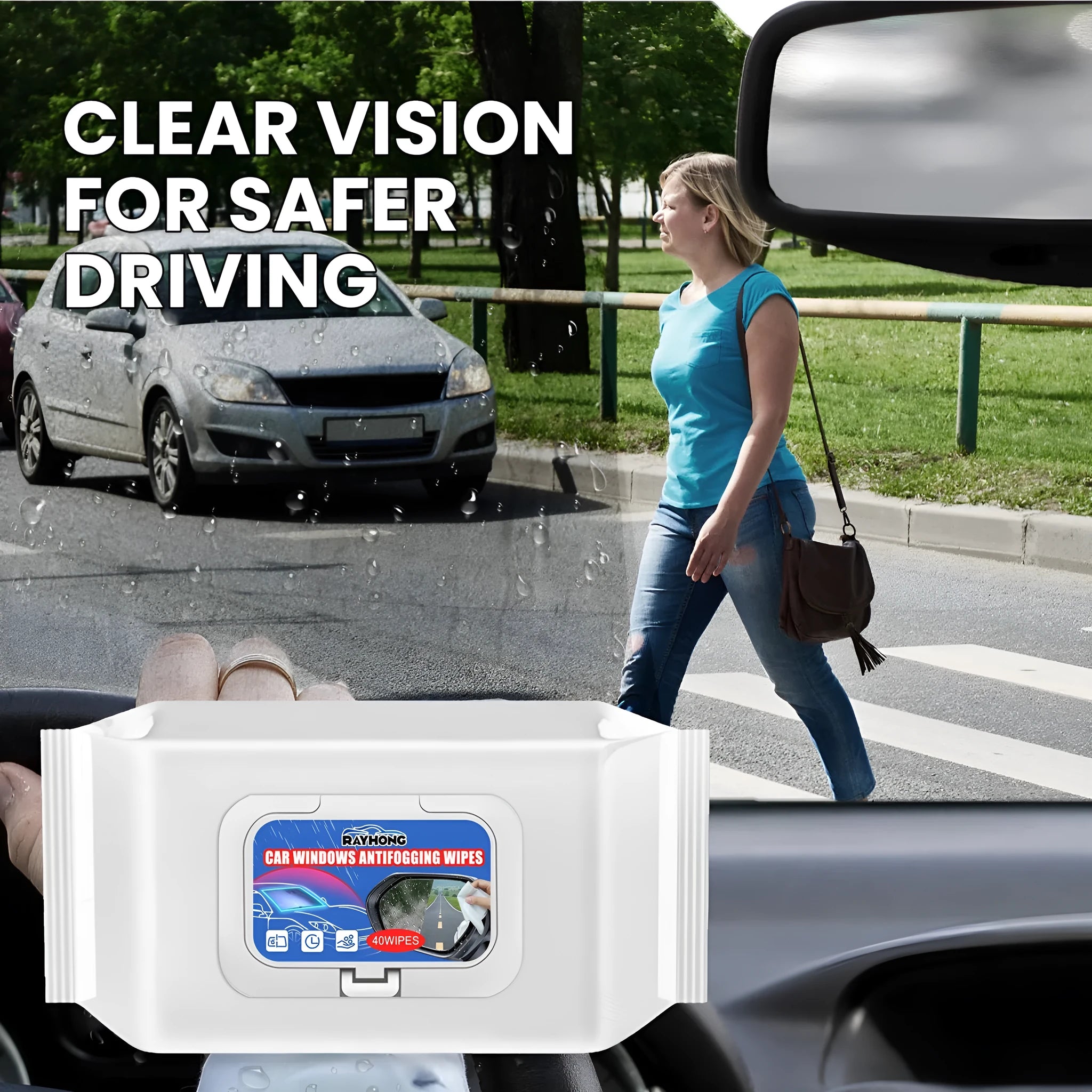 Pack of 40 car anti-fog and anti-rain treatment wipes with water-based resin on non-woven fabric.