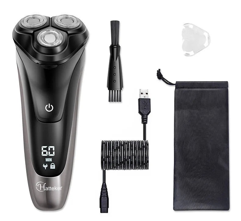 RSCX-7571 men's electric shaver with USB cable, pop-up trimmer, and cleaning brush on grey background