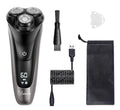 RSCX-7571 men's electric shaver with USB cable, pop-up trimmer, and cleaning brush on grey background