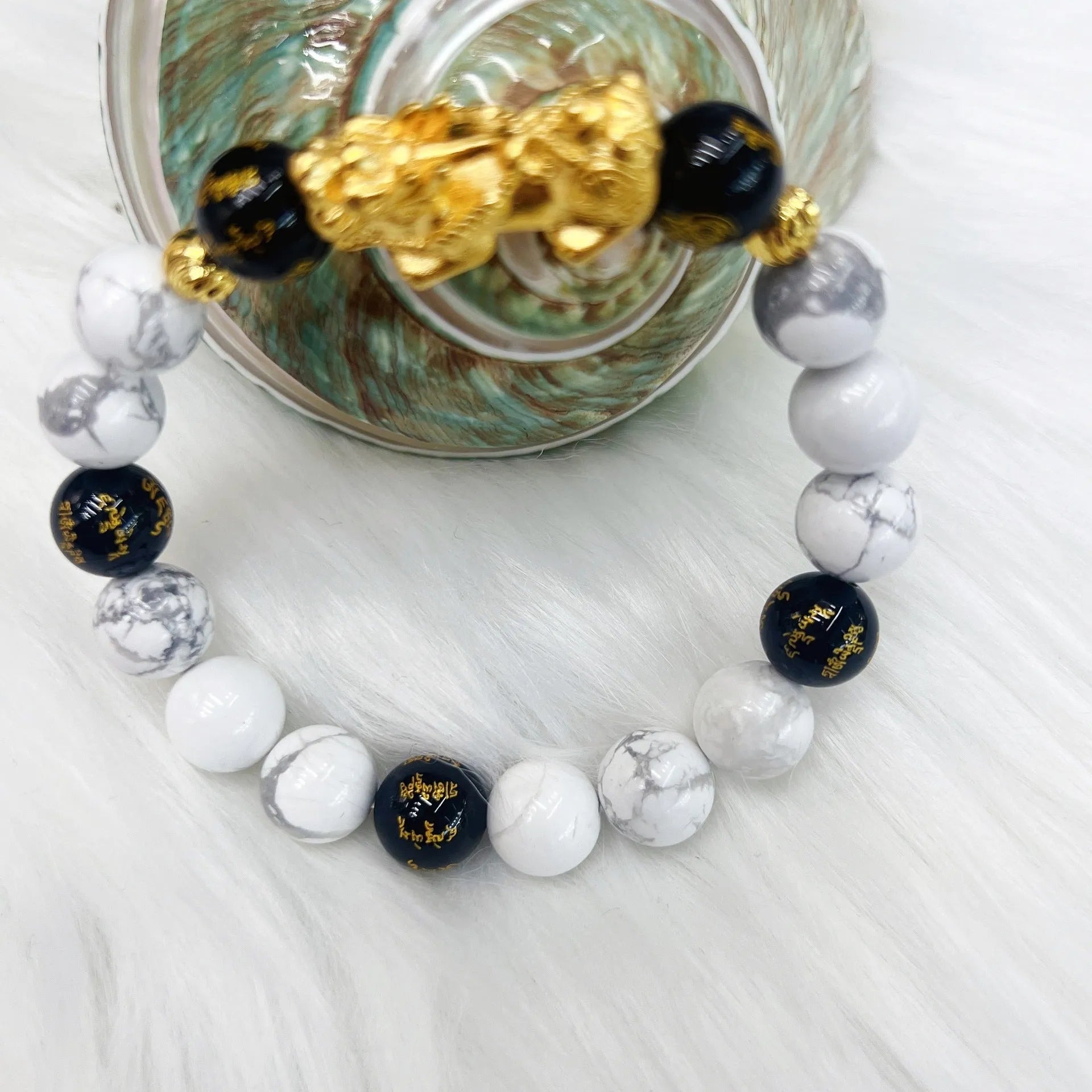 Handcrafted white turquoise and black agate couple bracelet with adjustable 15-17cm sizing