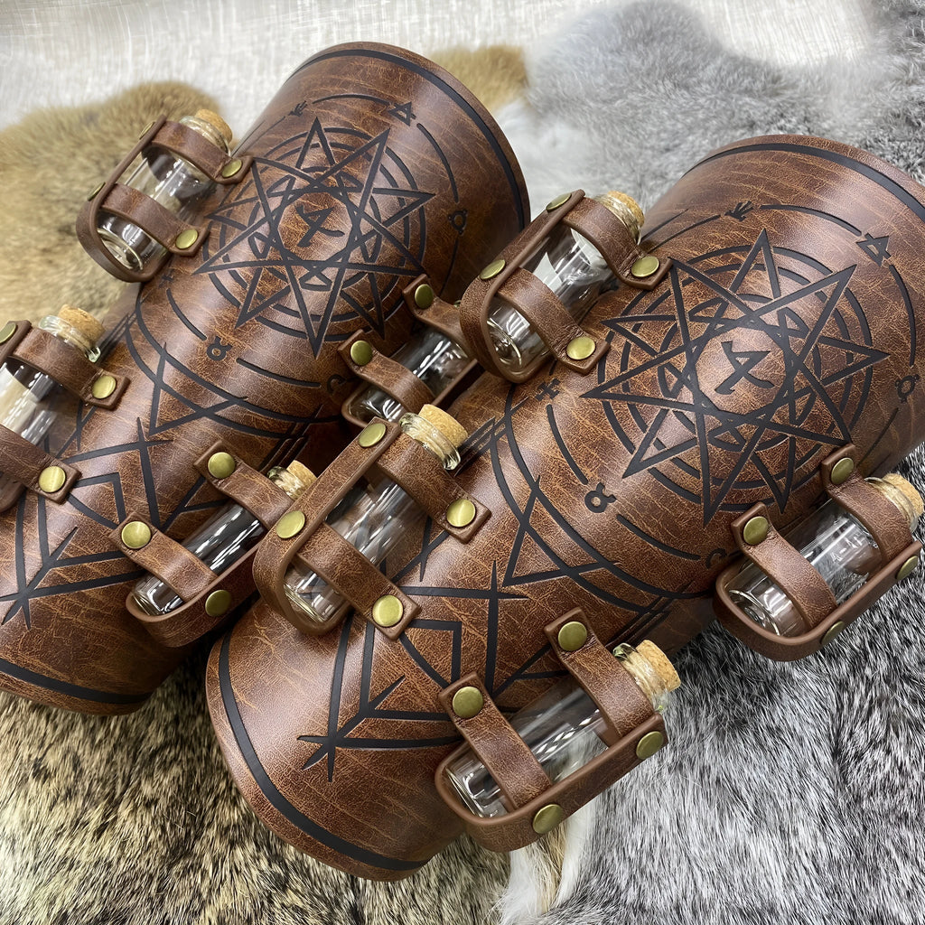 Black PU wristband with medieval alchemy bottle holder, adjustable strap, for LARP and cosplay.