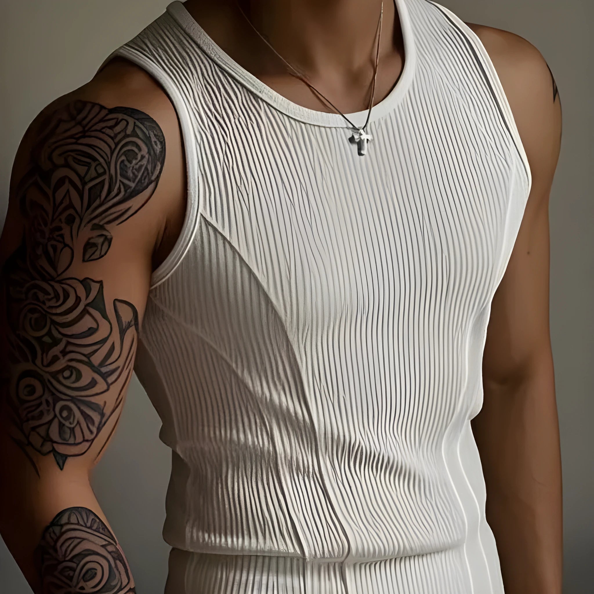 Men's black tight-fitting I-shaped polyester sports vest on a white background
