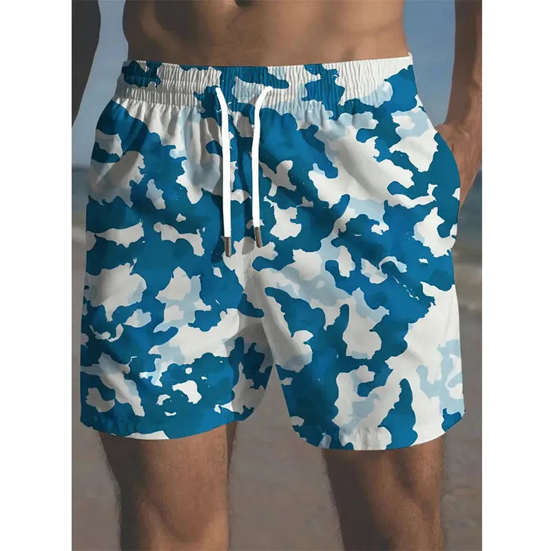 Men's elastic polyester beach shorts in printed streetwear design for travel and swim