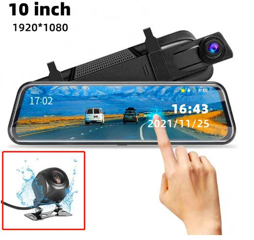 Black 10-inch rear view mirror dash cam with dual recording, 170-degree angle, and touch screen