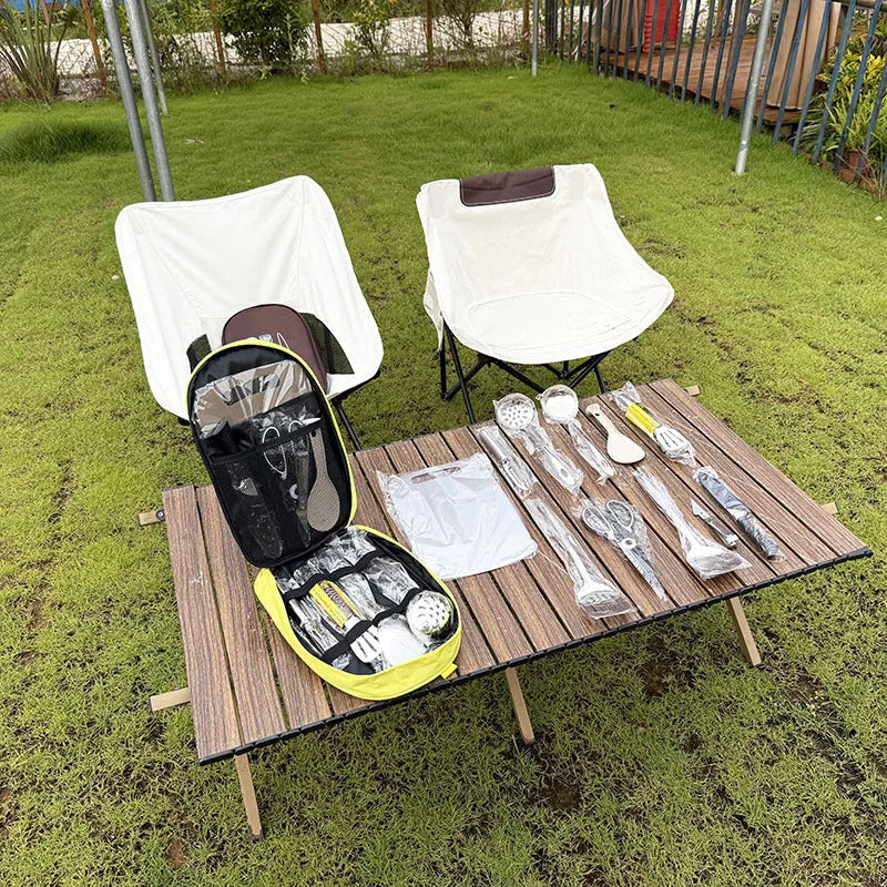 12-piece stainless steel picnic set with storage bag in khaki, green, or brown colour options