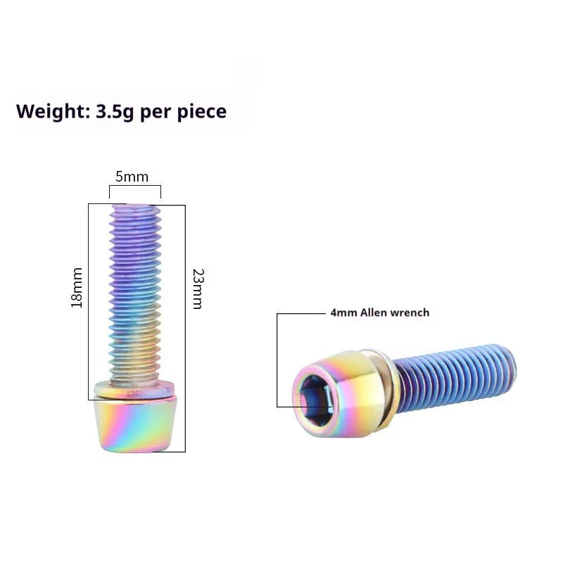 Six stainless steel mountain bike riser screws in various colours on card packaging